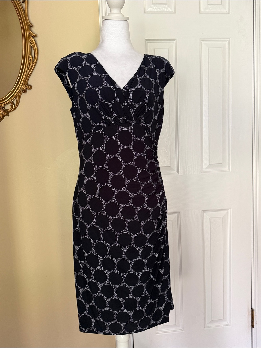 Lauren Ralph Lauren Dress Polka Dot Faux Wrap Ruched Sheath Career Cocktail NWT